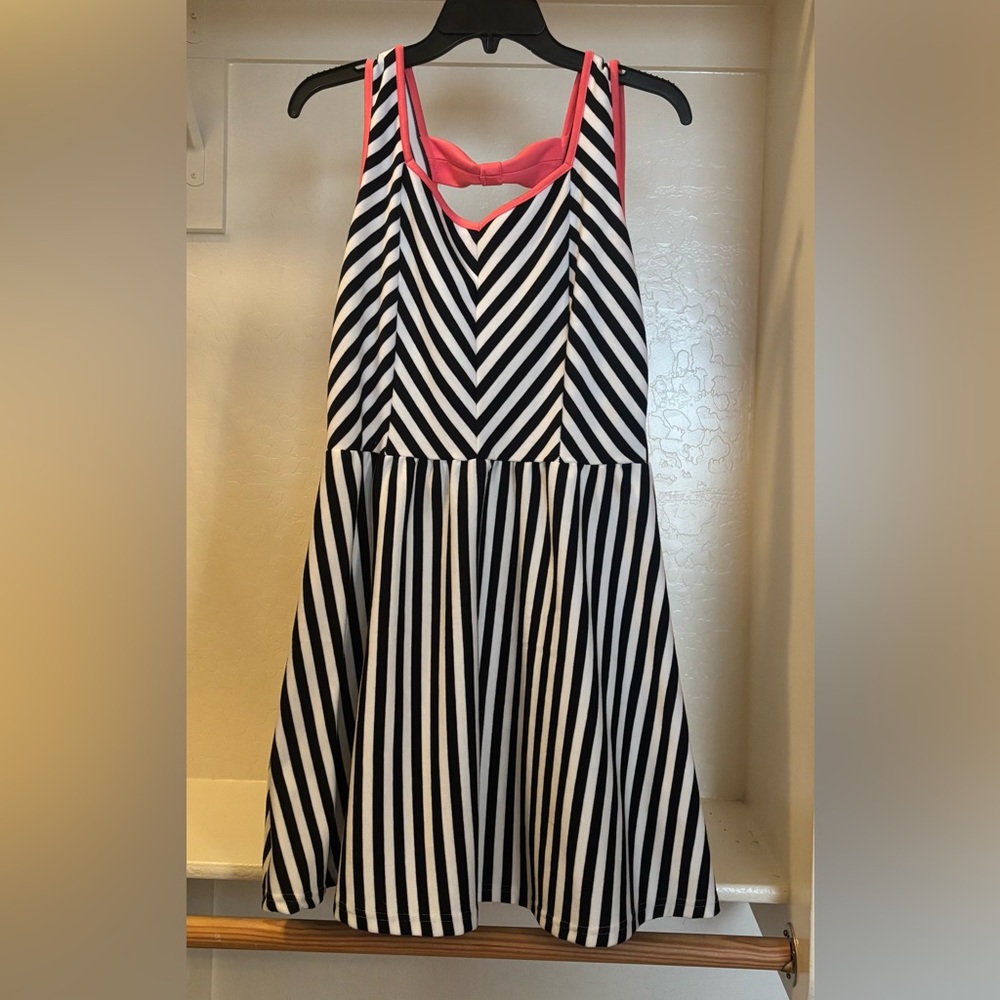 Black and White Striped Dress with Pink Trim